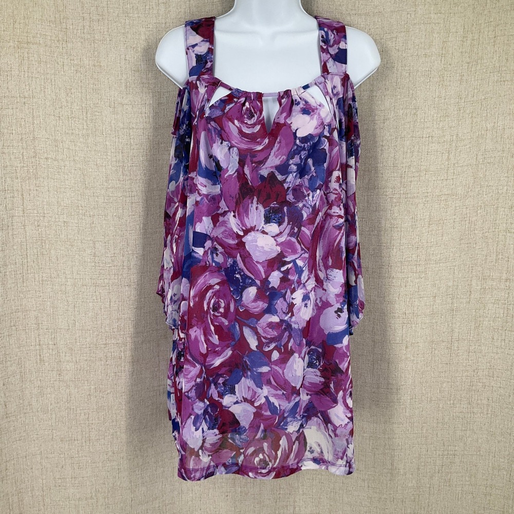 Catherines Cold Shoulder Top Women 1X‎ Purple Floral Bohemian Romantic Airy